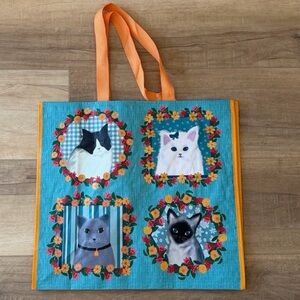 Floral cat print reusable tote bag